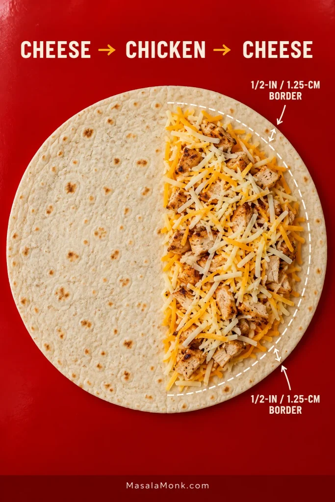 Open flour tortilla with one half filled in overlapping layers of shredded cheese, cooked chicken and more cheese, leaving a marked half-inch border around the filling.