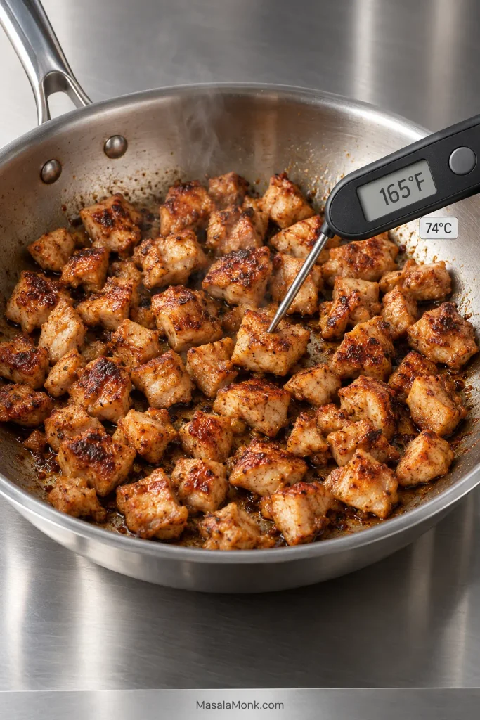 Small browned chicken pieces cooking in a stainless-steel skillet while an instant-read thermometer inserted into one piece displays 165°F, with 74°C shown beside it.