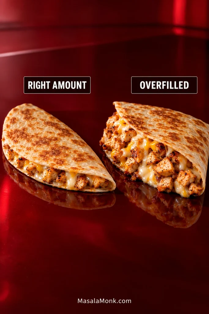 Two chicken quesadillas shown side by side, labeled Right Amount and Overfilled; the first closes neatly while the second is visibly thicker with chicken and cheese pushing outward.