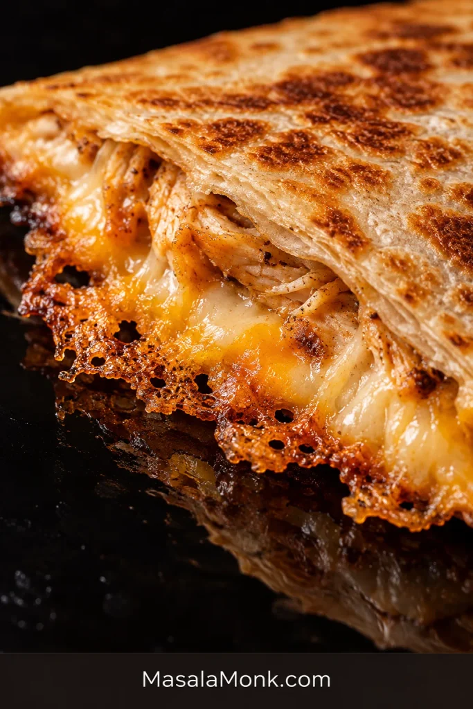 Extreme close-up of a browned flour-tortilla edge with melted cheese that has escaped and crisped into a thin golden lacy edge.