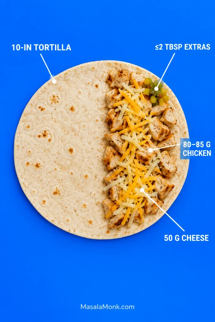 Open 10-inch flour tortilla with chicken and shredded cheese arranged on one half, annotated as 80–85 g chicken, 50 g cheese and no more than 2 tablespoons of extras.