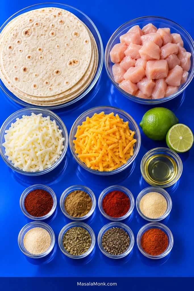 Overhead arrangement of flour tortillas, raw diced chicken, shredded Monterey Jack and cheddar, lime, cooking oil and small bowls of the recipe spices on a blue surface.