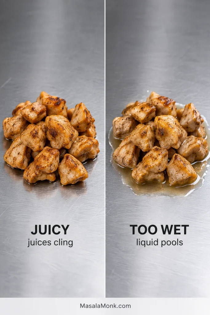 Side-by-side cooked chicken portions: the left is labeled Juicy and has a light surface sheen with no puddle, while the right is labeled Too Wet and sits in pooled cooking liquid.