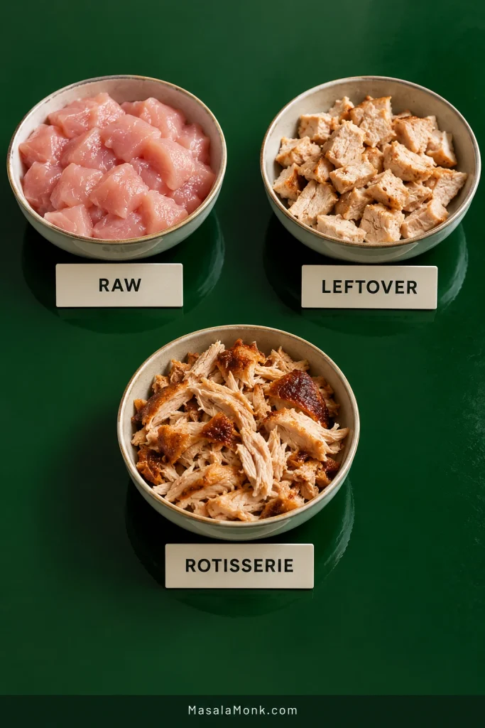 Three bowls showing raw diced chicken, cooked leftover chicken pieces and shredded rotisserie chicken, labeled Raw, Leftover and Rotisserie.