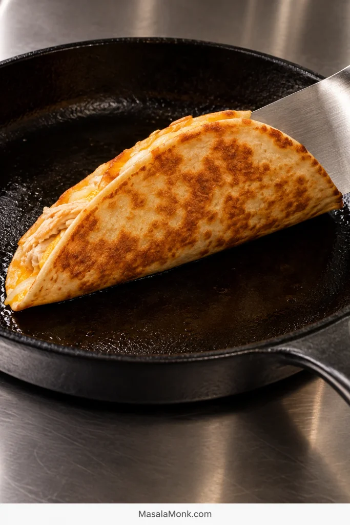 Folded quesadilla lifted with a metal spatula in a skillet, revealing an underside covered with irregular golden-brown toasted patches.