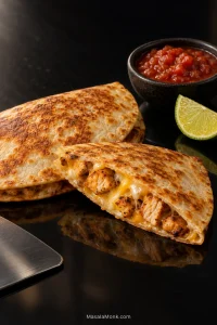 A golden folded chicken quesadilla and a cut half showing browned chicken pieces and melted white and cheddar-colored cheese, with red salsa and a lime wedge beside them.