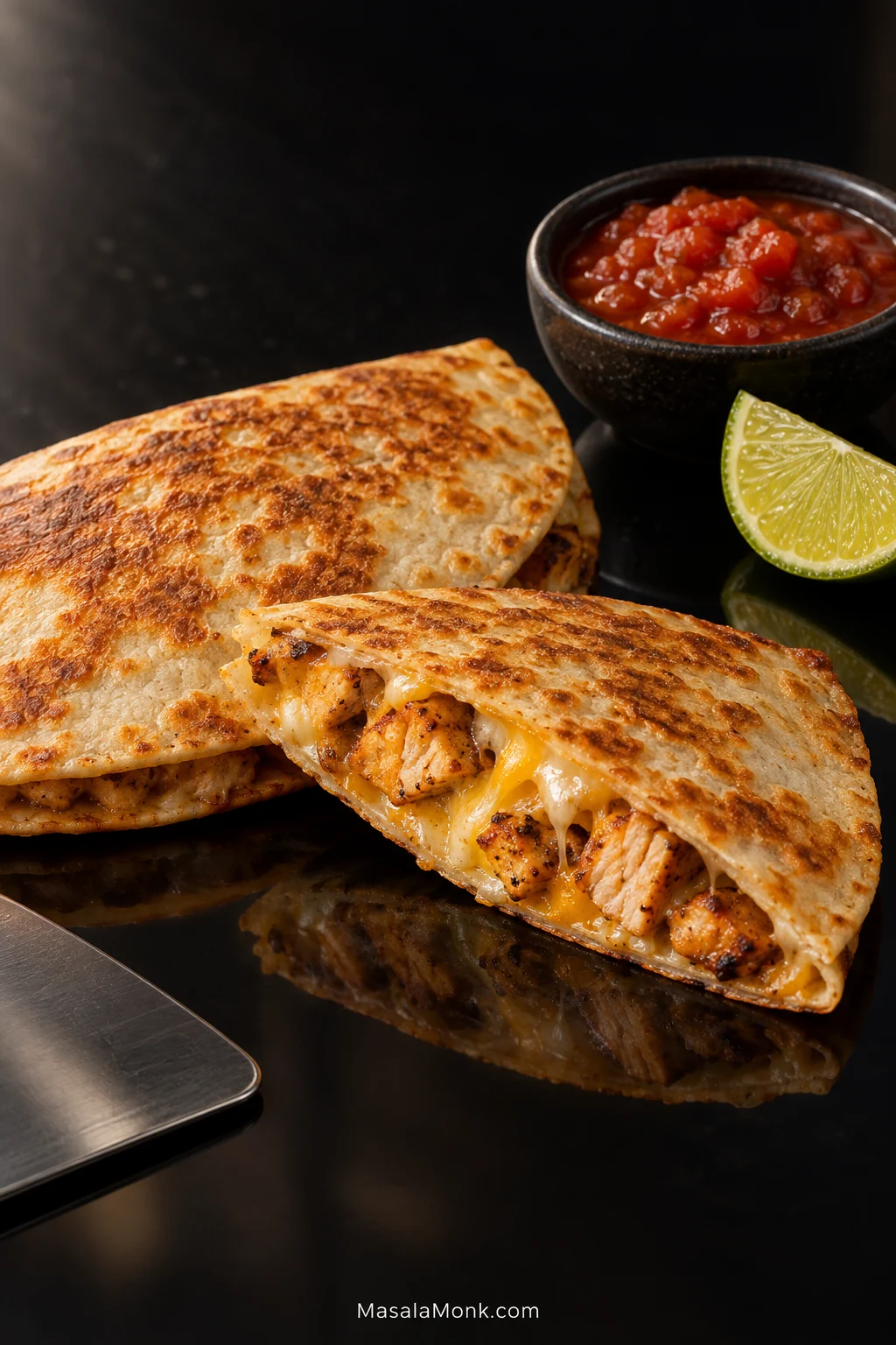 A golden folded chicken quesadilla and a cut half showing browned chicken pieces and melted white and cheddar-colored cheese, with red salsa and a lime wedge beside them.