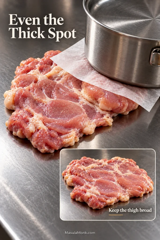 Raw boneless chicken thigh under parchment with a heavy pan pressing only its thicker section; inset shows the thigh still broad.