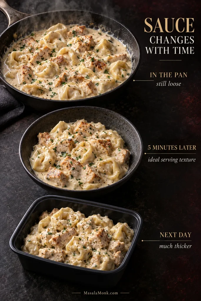 Three stages of chicken tortellini Alfredo labeled “In the Pan,” “5 Minutes Later” and “Next Day,” showing the sauce becoming progressively thicker.