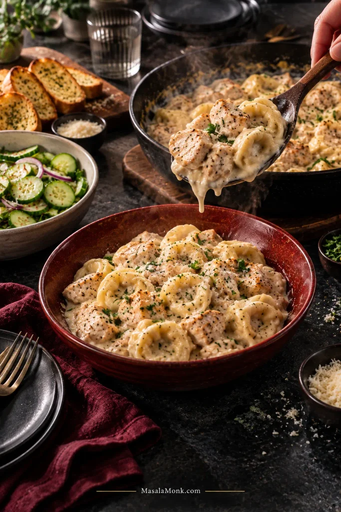 A hand serves steaming chicken tortellini Alfredo from a dark skillet beside a red bowl of pasta, cucumber salad, garlic bread and grated Parmesan on a dark dinner table.