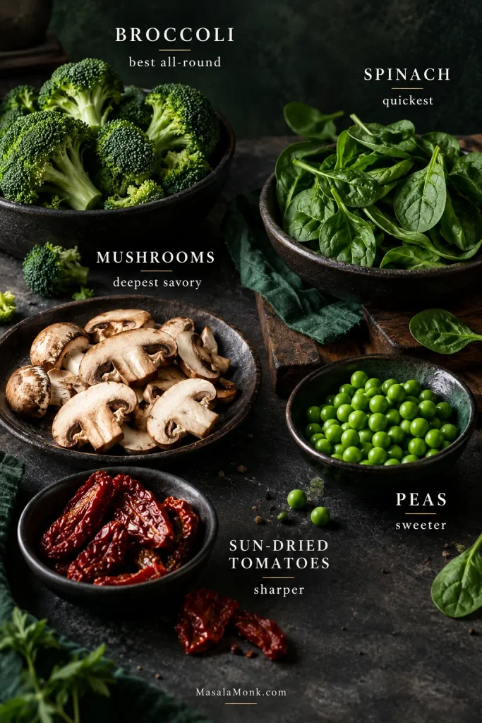 Broccoli, spinach, mushrooms, peas and sun-dried tomatoes arranged with labels for best all-round, quickest, deepest savory, sweeter and sharper options.