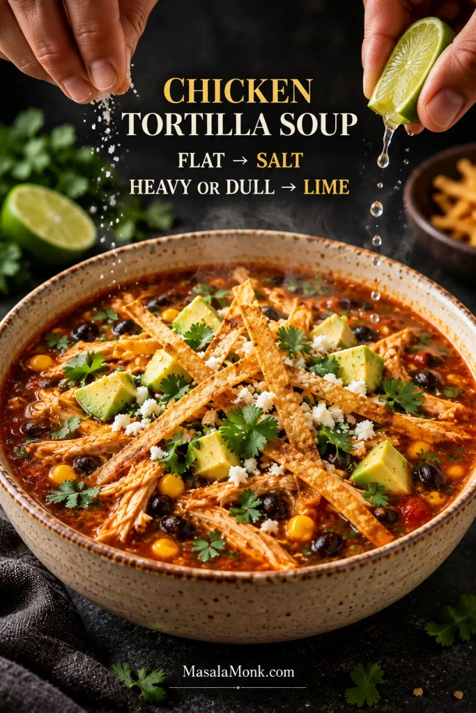 Chicken tortilla soup being seasoned with a pinch of salt and squeezed fresh lime over the bowl.