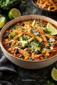 Bowl of red chicken tortilla soup with shredded chicken, black beans, corn, avocado, cotija, cilantro, lime and crisp tortilla strips.