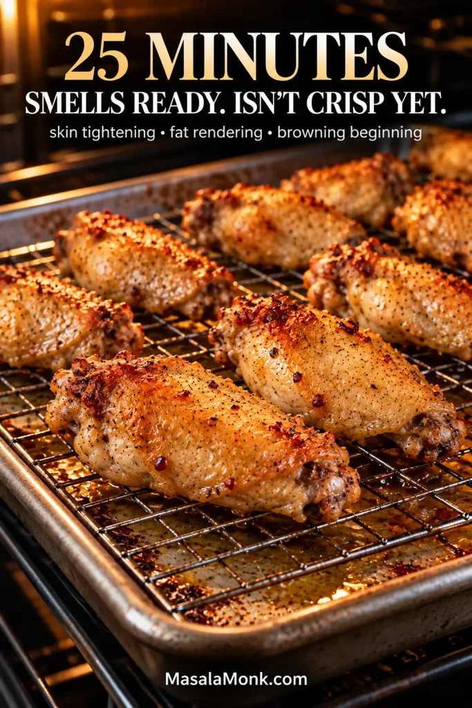 Partially baked chicken wings on a wire rack after about 25 minutes, with early browning and rendered fat but no deep crisp finish yet.