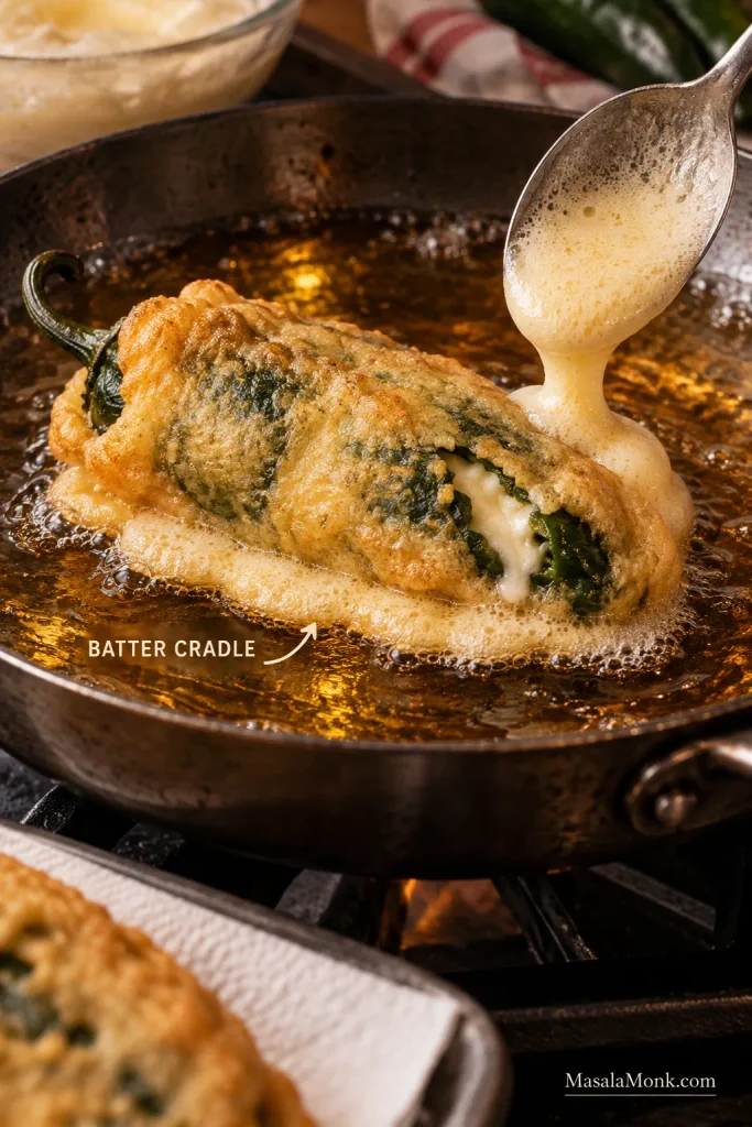 A slightly torn chile relleno frying in oil on top of a small setting puddle of egg batter while a spoon adds more batter beside the weak area, labeled batter cradle.