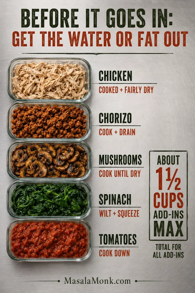 Prepared casserole add-ins including dry shredded chicken, drained chorizo, browned mushrooms, squeezed spinach and cooked-down tomatoes, with a 1½-cup total limit.