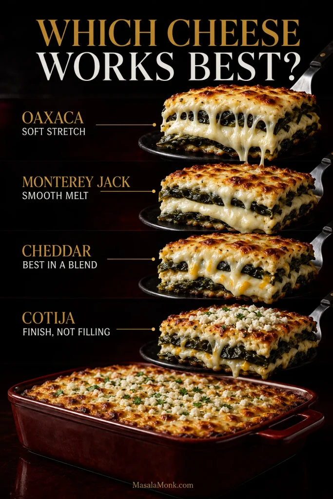 Cheese guide showing stretchy Oaxaca, smooth Monterey Jack, Cheddar used in a pale cheese blend and crumbled Cotija used as a topping.