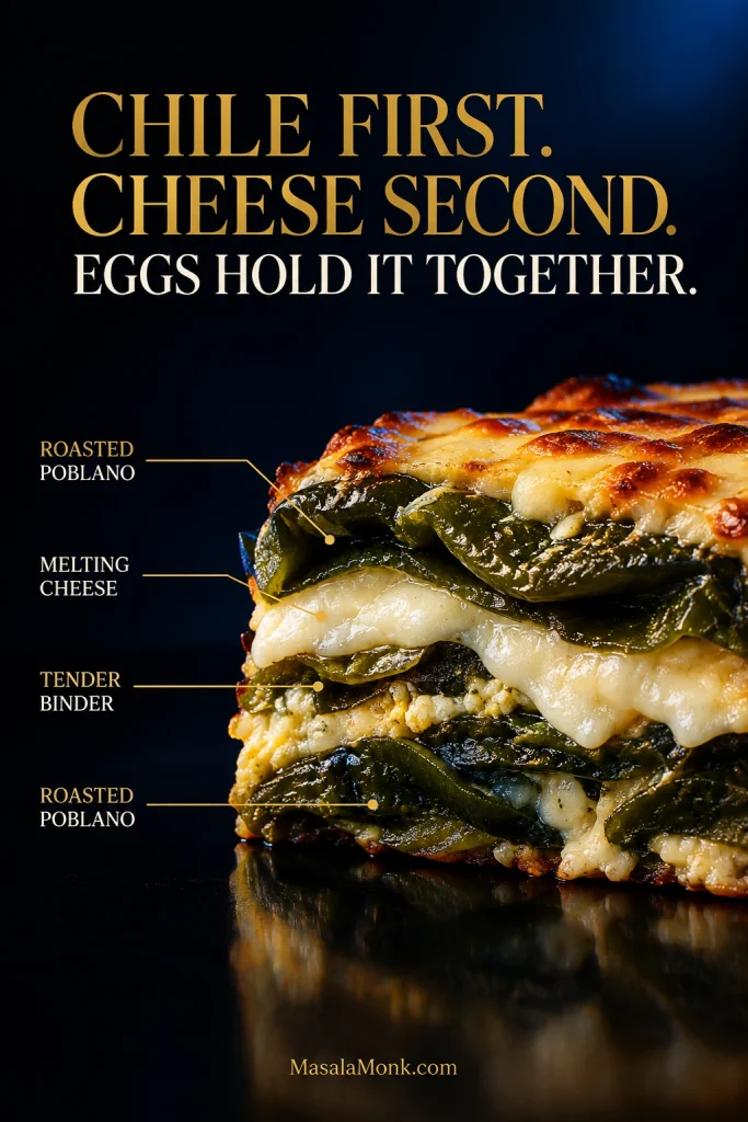 Labeled casserole cross-section with two dominant roasted poblano layers, generous melted cheese and small pockets of tender egg binder between them.