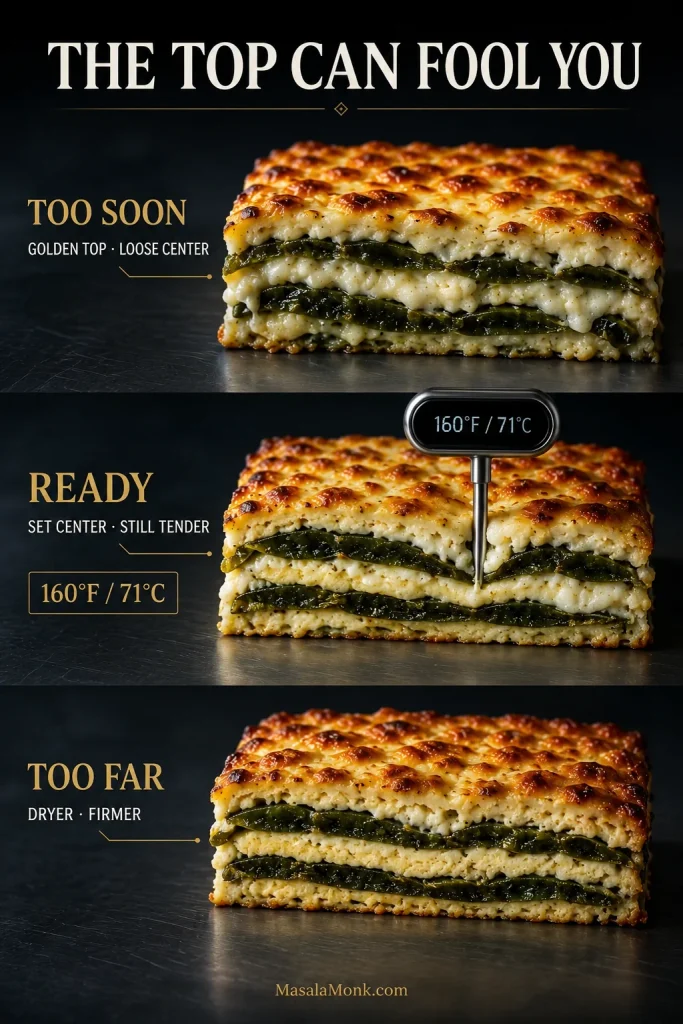 Three casserole doneness stages labeled too soon, ready and too far, with the ready center checked at 160°F / 71°C.