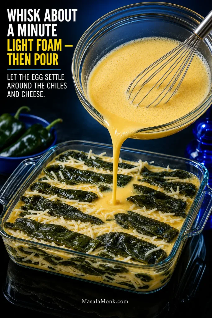 Lightly foamy egg mixture being poured from a glass bowl into a casserole layered with broad roasted poblanos and shredded pale cheese.