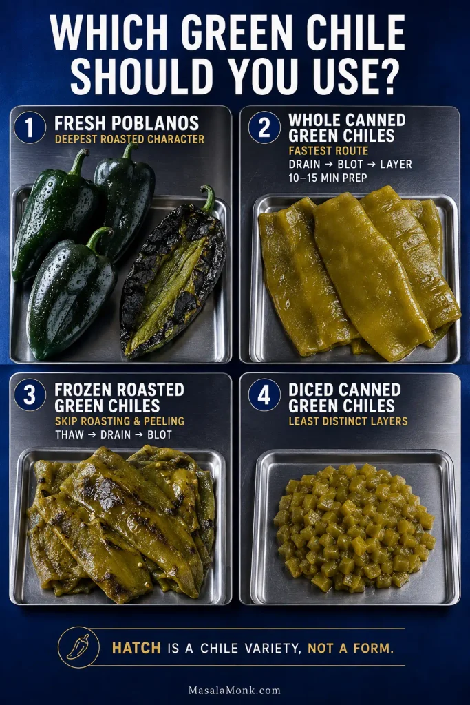 Guide comparing fresh poblanos, whole canned green chiles, frozen roasted green chiles and diced canned chiles for flavor, convenience and layer definition.
