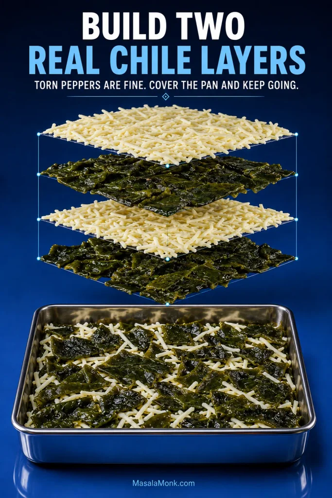 Layering guide showing two layers of broad roasted poblano pieces with shredded pale cheese, plus an assembled baking pan with overlapping torn peppers.