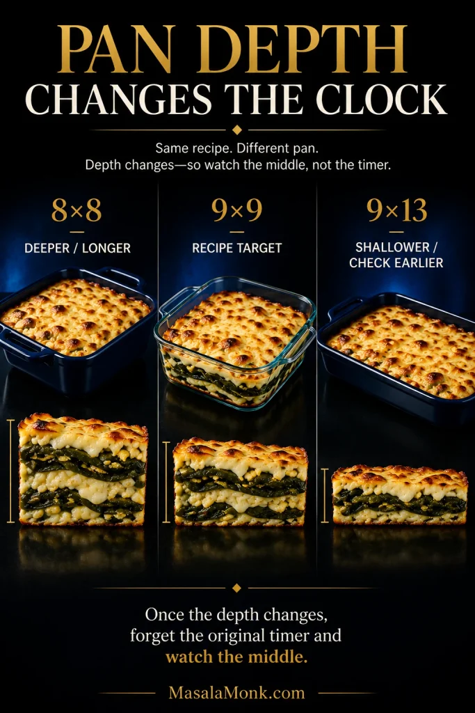 Comparison of chile relleno casserole in 8×8, 9×9 and 9×13 pans, showing the 8×8 as deepest and the 9×13 as shallowest.