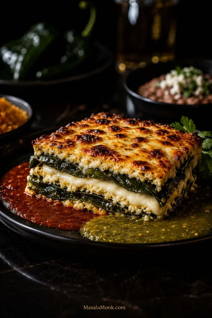 Chile relleno casserole slice with visible poblano and cheese layers, plated with red chile sauce and green salsa verde, with beans and rice in the background.