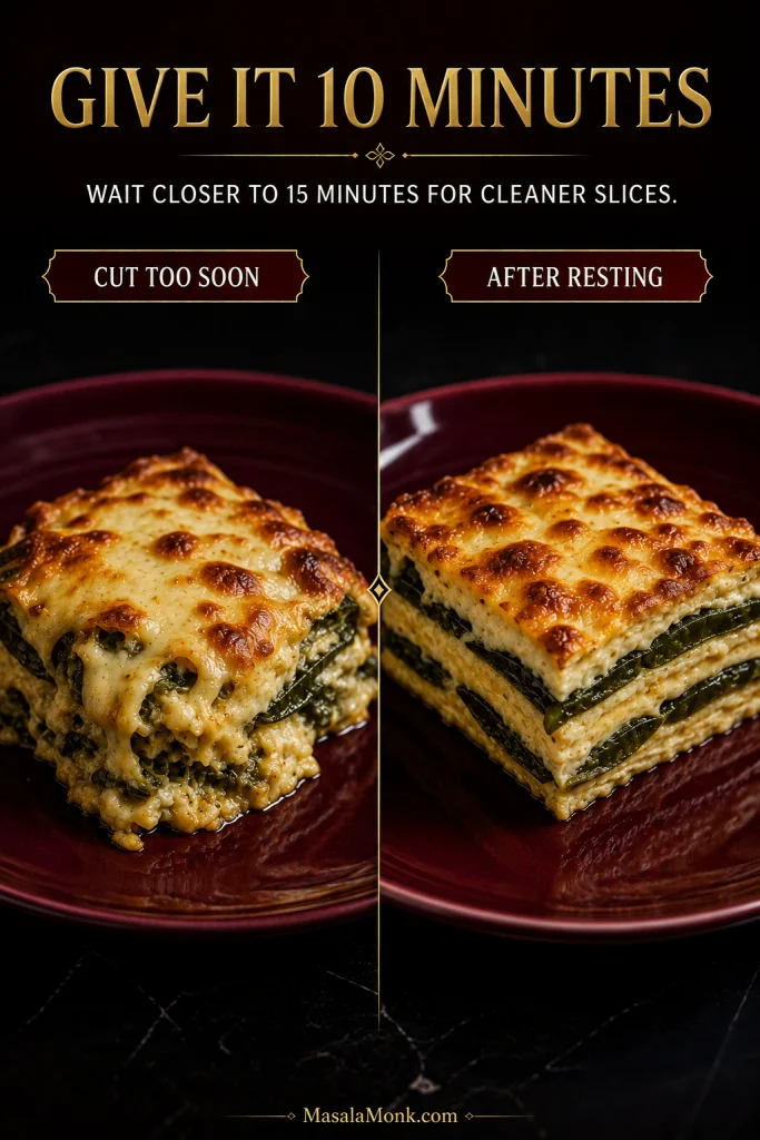 Comparison of a soft chile relleno casserole slice cut too soon and a cleaner, more structured slice after resting.