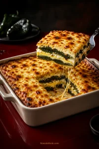 A lifted square of chile relleno casserole showing two broad roasted poblano layers, melted pale cheese, tender egg binder and a browned cheese top.