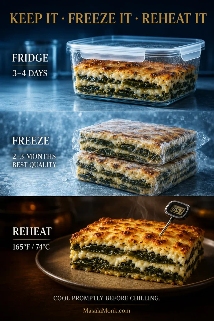Storage guide showing chile relleno casserole refrigerated for 3–4 days, wrapped for freezing for 2–3 months, and reheated to 165°F / 74°C.
