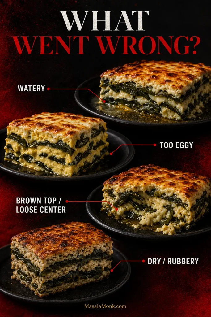 Four chile relleno casserole problems: released water, too much egg, a browned top with a loose center, and a dry overcooked slice.