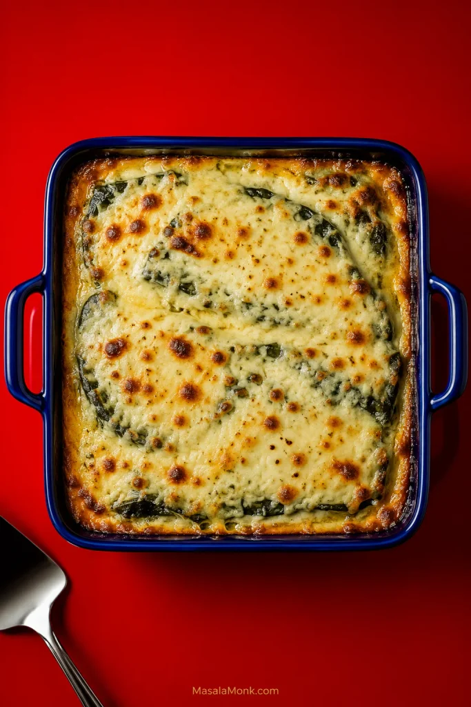Whole square chile relleno casserole in a cobalt baking dish with a golden, blistered melted-cheese surface and browned edges.