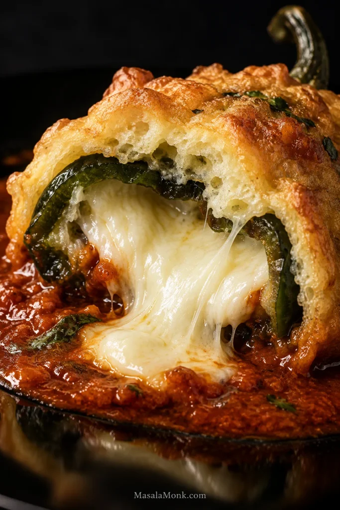 Extreme close-up of a chile relleno cut open, showing puffed golden egg coating, roasted green poblano, melted white cheese and red tomato sauce underneath.