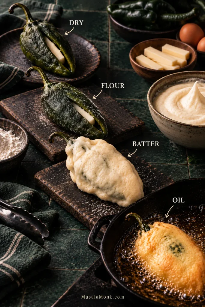 Four stages of preparing a stuffed poblano for frying: a dry roasted chile, the chile with a barely visible dusting of flour, a thick airy egg coating, and the coated pepper frying in bubbling oil.
