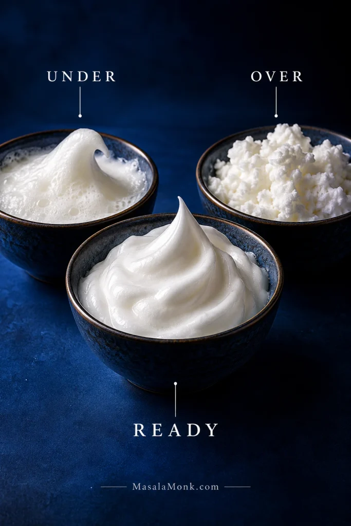 Three bowls of whipped egg whites labeled under, ready and over, showing loose drooping foam, smooth glossy upright peaks, and dry clumpy overwhipped whites.