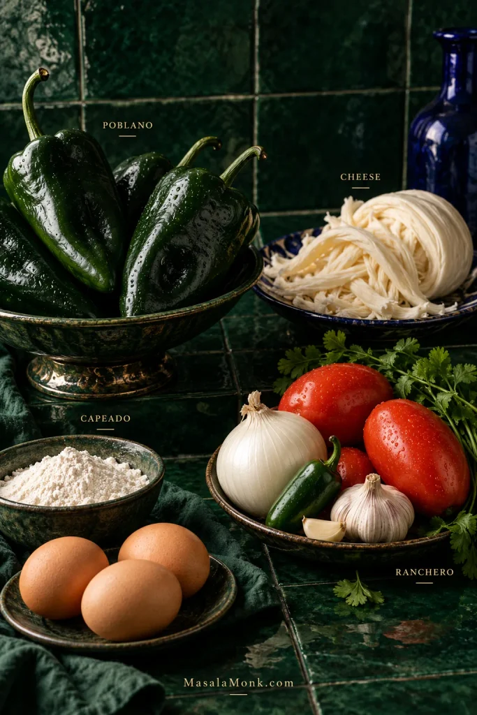 Fresh poblano peppers, Oaxaca-style cheese, eggs, flour, tomatoes, white onion, garlic and a green chile arranged on a dark green tiled surface and labeled by ingredient group.