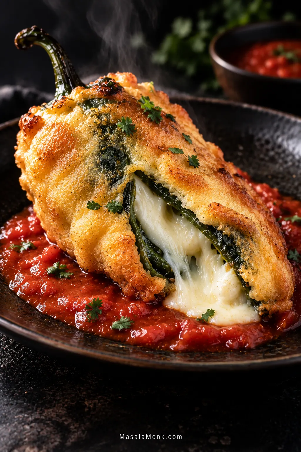A golden egg-battered poblano chile relleno on red tomato sauce, cut open to reveal roasted green pepper and melted white cheese, with steam rising from the plate.