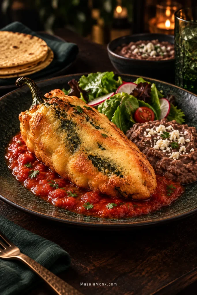 A plated chile relleno over red tomato sauce served with refried beans, a green salad, warm corn tortillas and a glass on a dark restaurant-style table.