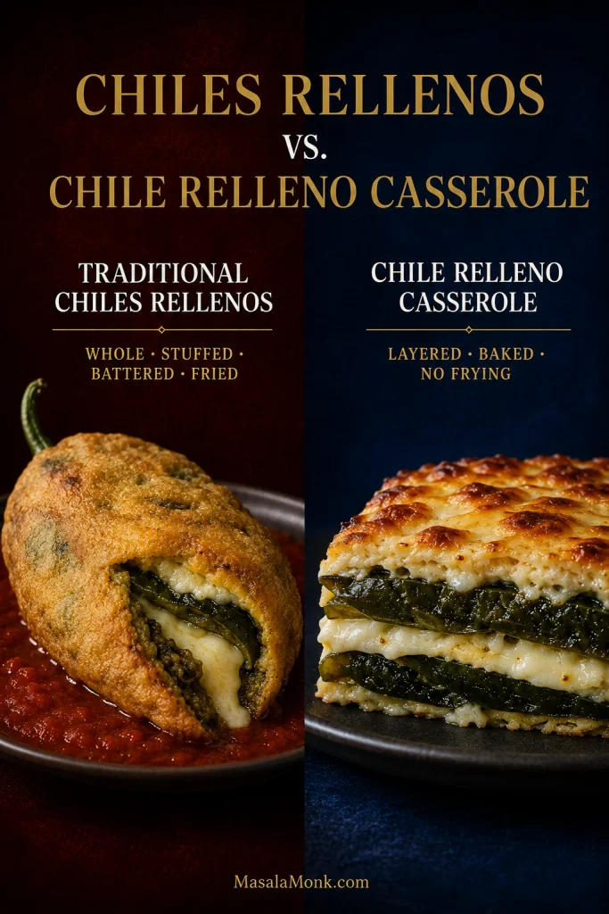 Traditional whole fried chile relleno with cheese and red sauce beside a baked chile relleno casserole with two roasted poblano layers and melted cheese.