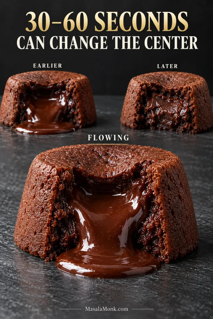 Three opened chocolate lava cakes showing looser, flowing and fudgier centers, with the ideal flowing center shown most prominently.