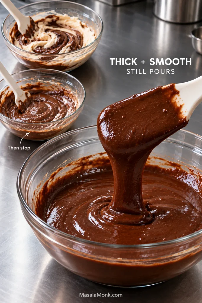 Three stages of chocolate lava cake batter, ending with thick, smooth, glossy batter flowing from a spatula into a glass bowl.
