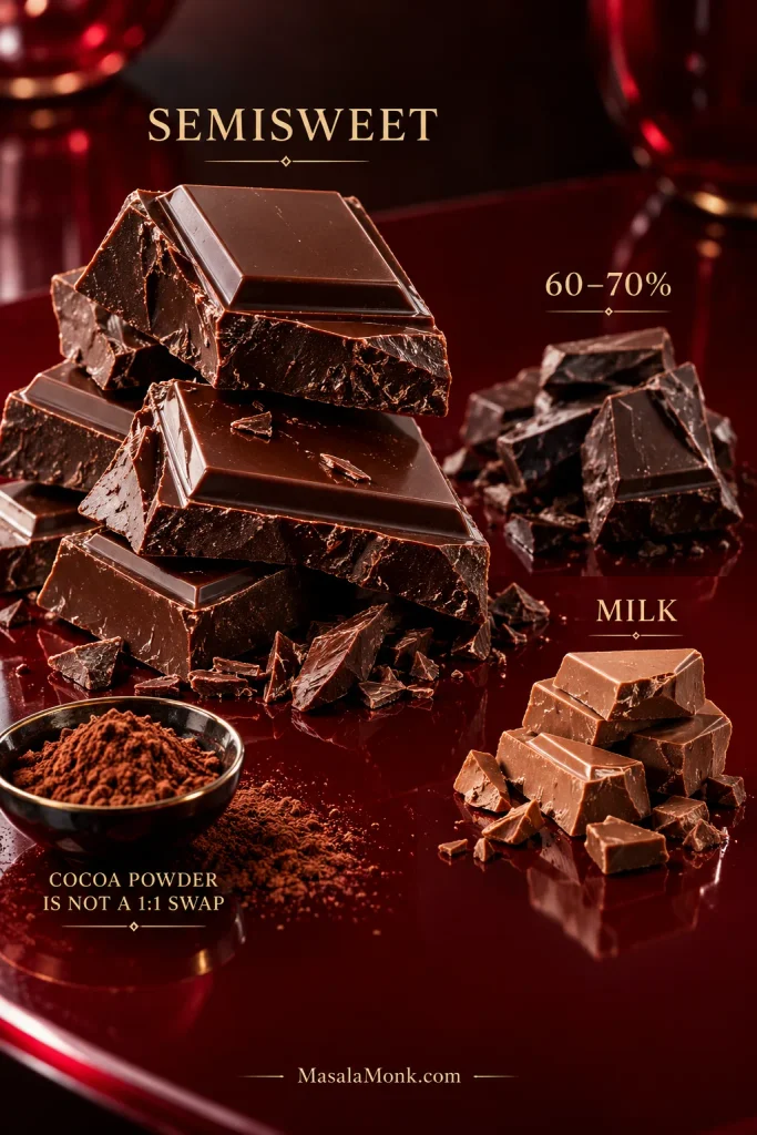 Semisweet, 60–70 percent dark and milk chocolate arranged on a garnet surface, with semisweet most prominent and cocoa powder shown as a separate non-equivalent ingredient.