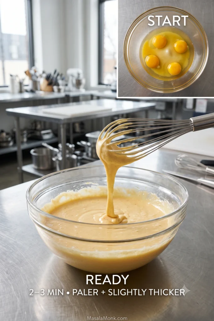 Before-and-after comparison of an egg, yolk and sugar mixture, changing from deep golden and fluid to paler and slightly thicker with a short ribbon falling from a whisk.