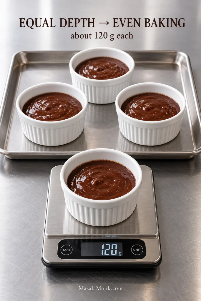 Four matching white ramekins filled with chocolate batter to similar depths, with one ramekin sitting on a digital scale at about 120 grams.