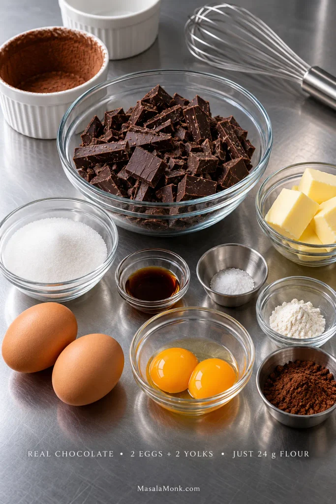 Chocolate lava cake ingredients arranged on a stainless-steel surface, including chopped chocolate, butter, two whole eggs, two extra yolks, sugar, vanilla, salt, a small amount of flour and cocoa powder.