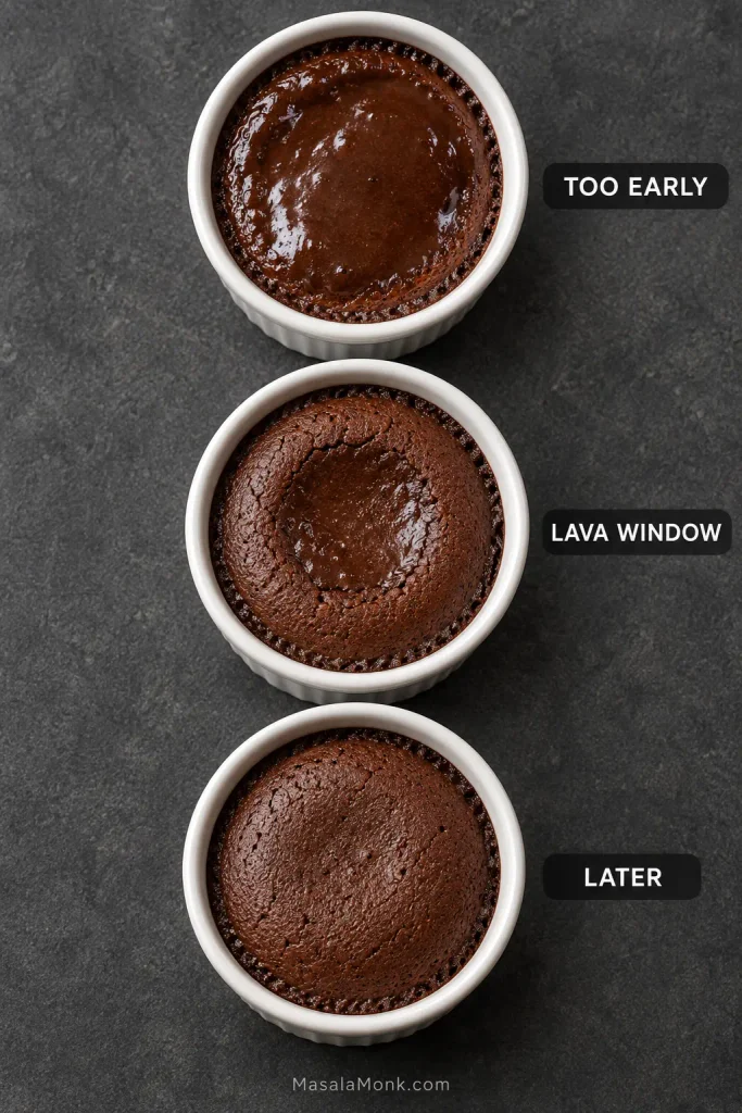 Three identical ramekins viewed from above showing chocolate lava cakes at too-early, lava-window and later stages with progressively firmer top surfaces.