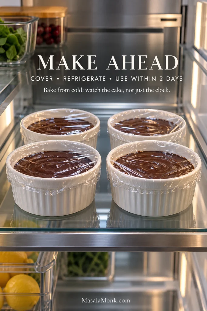 Four white ramekins filled with chocolate lava cake batter, covered with clear wrap and stored on a glass shelf inside a stainless-steel refrigerator.