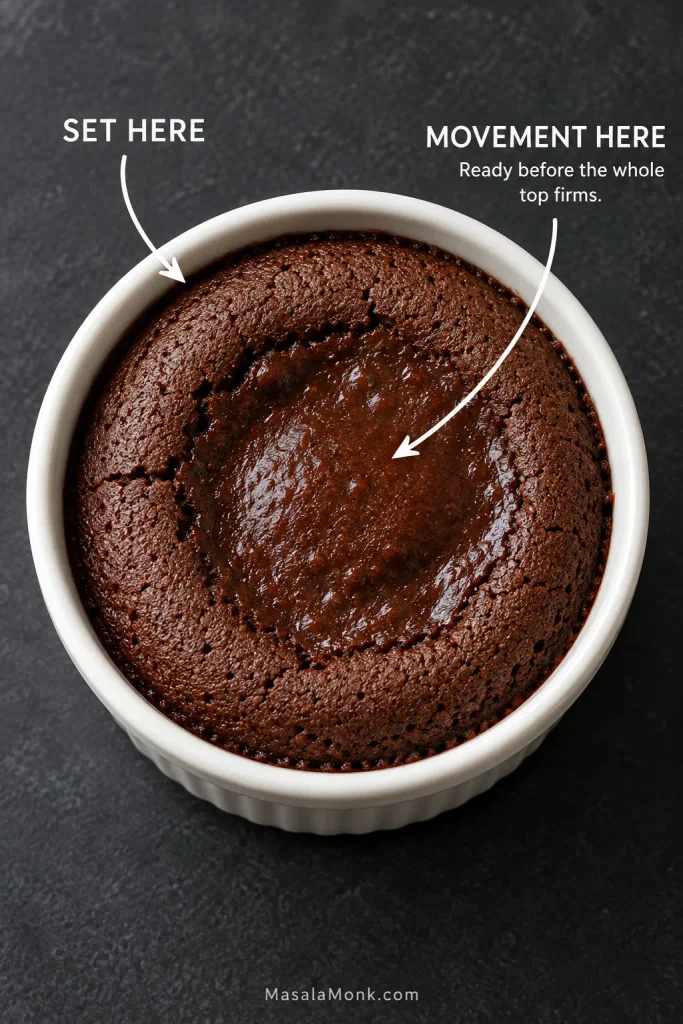 Overhead chocolate lava cake in a white ramekin with annotations marking the set outer area and the smaller softer center where movement remains.