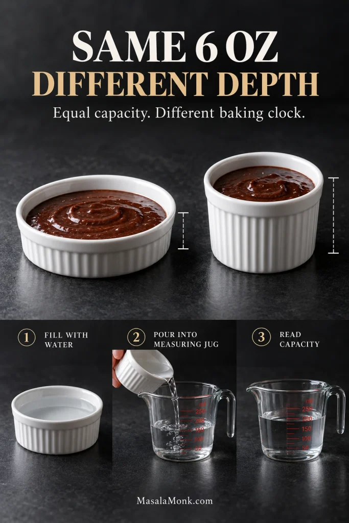 Wide shallow and narrow deep white ramekins holding equal amounts of chocolate batter, plus a small sequence showing ramekin capacity measured with water and a measuring jug.